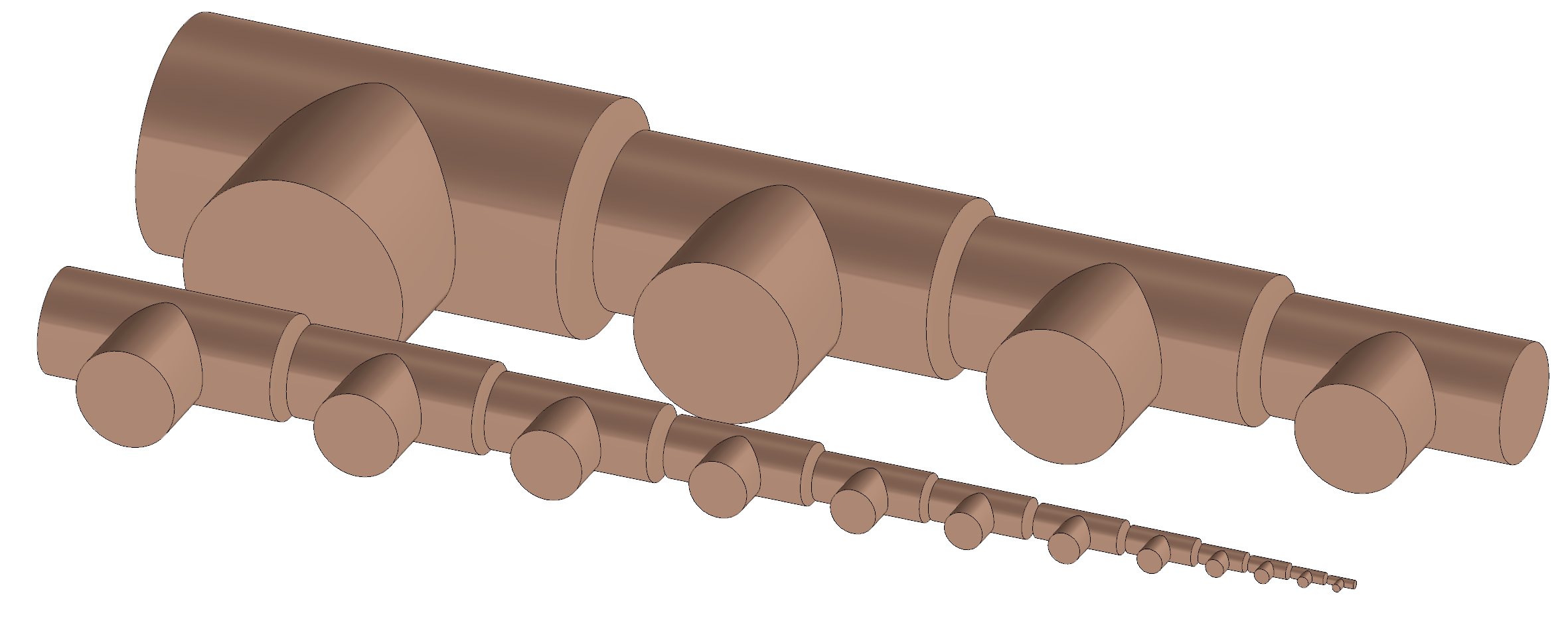 Tee fittings rendered in copper color, decreasing in size from left to right. These tees represent equal-size and reducing branches for piping, ranging from 8 inches to 1/8 inch diameters.